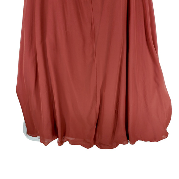 Azazie Halter Maxi Dress sz 10 Women Caramel Burnt Orange Front Slit Ruffle READ - Picture 7 of 12